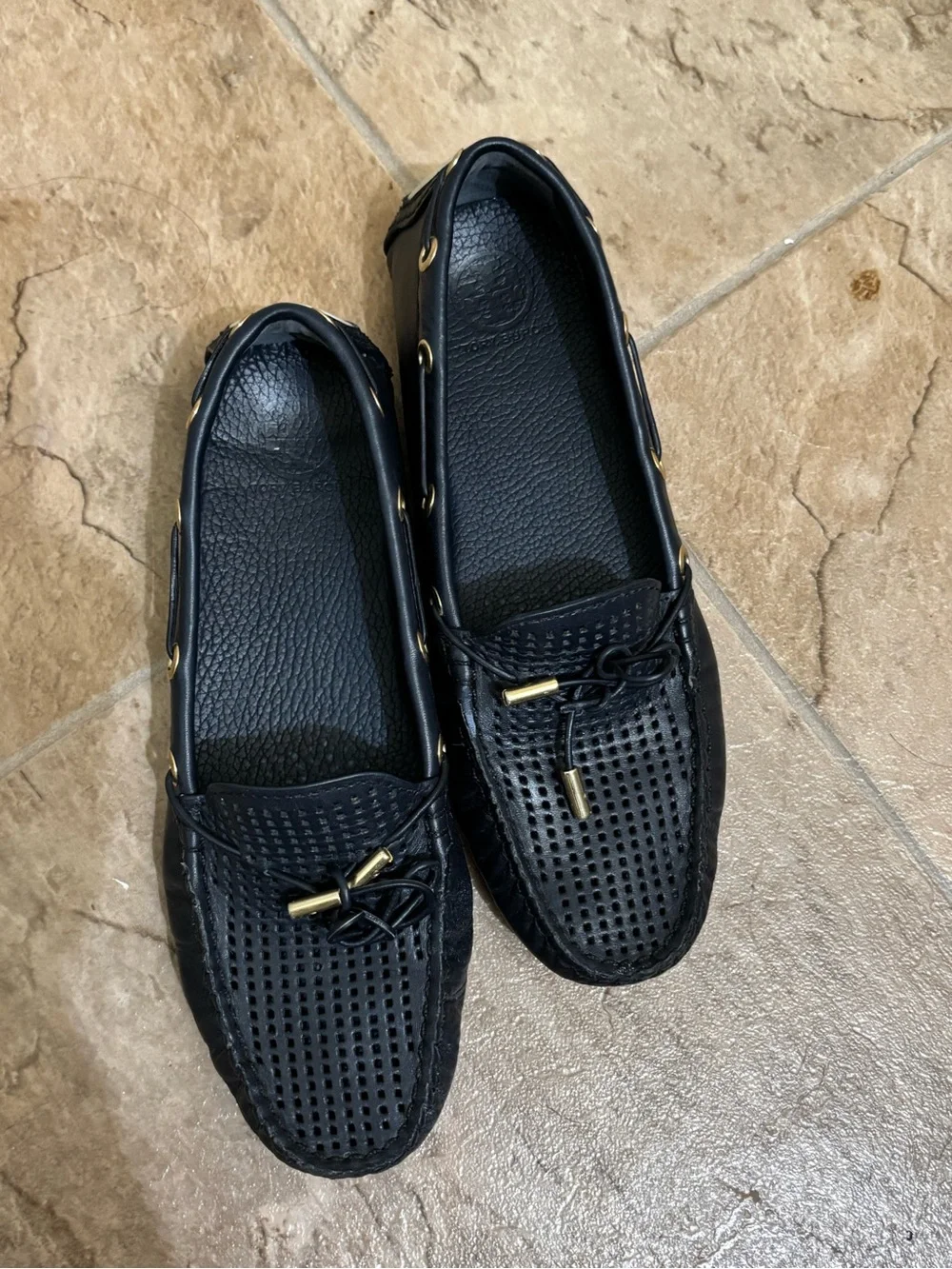 Tory Burch Black Perforated Leather Driving Loafers with Gold Accents